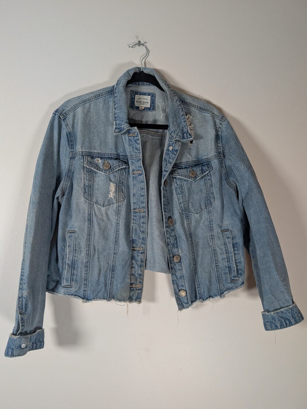 Wax Jean Light Blue Cropped Distressed Denim Jacket